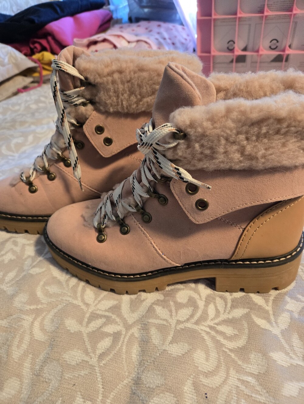 Women's Pink Faux-Suede Winter Lace-Up Boots with Faux Fur Cuff